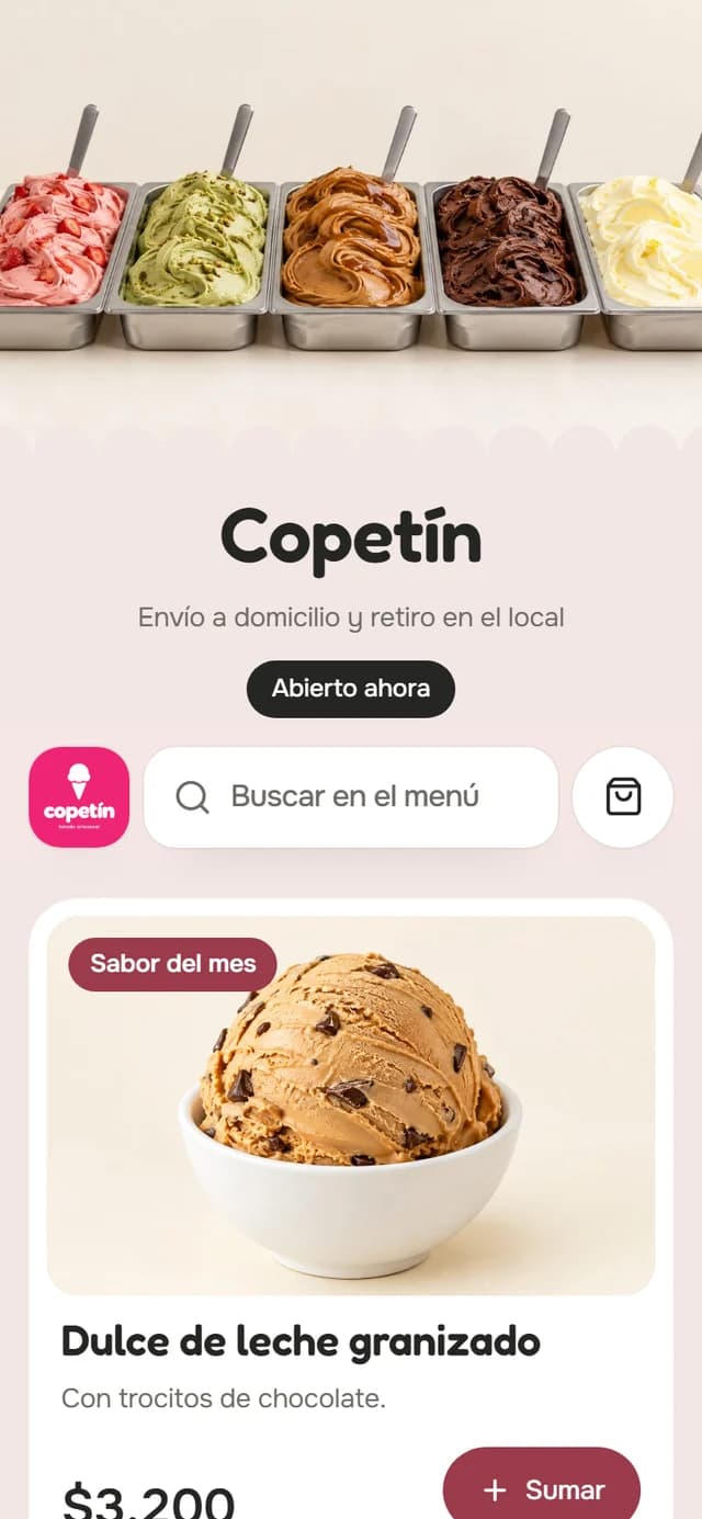 La tienda de muestra de una heladería, con cada producto en un círculo y un fondo pastel