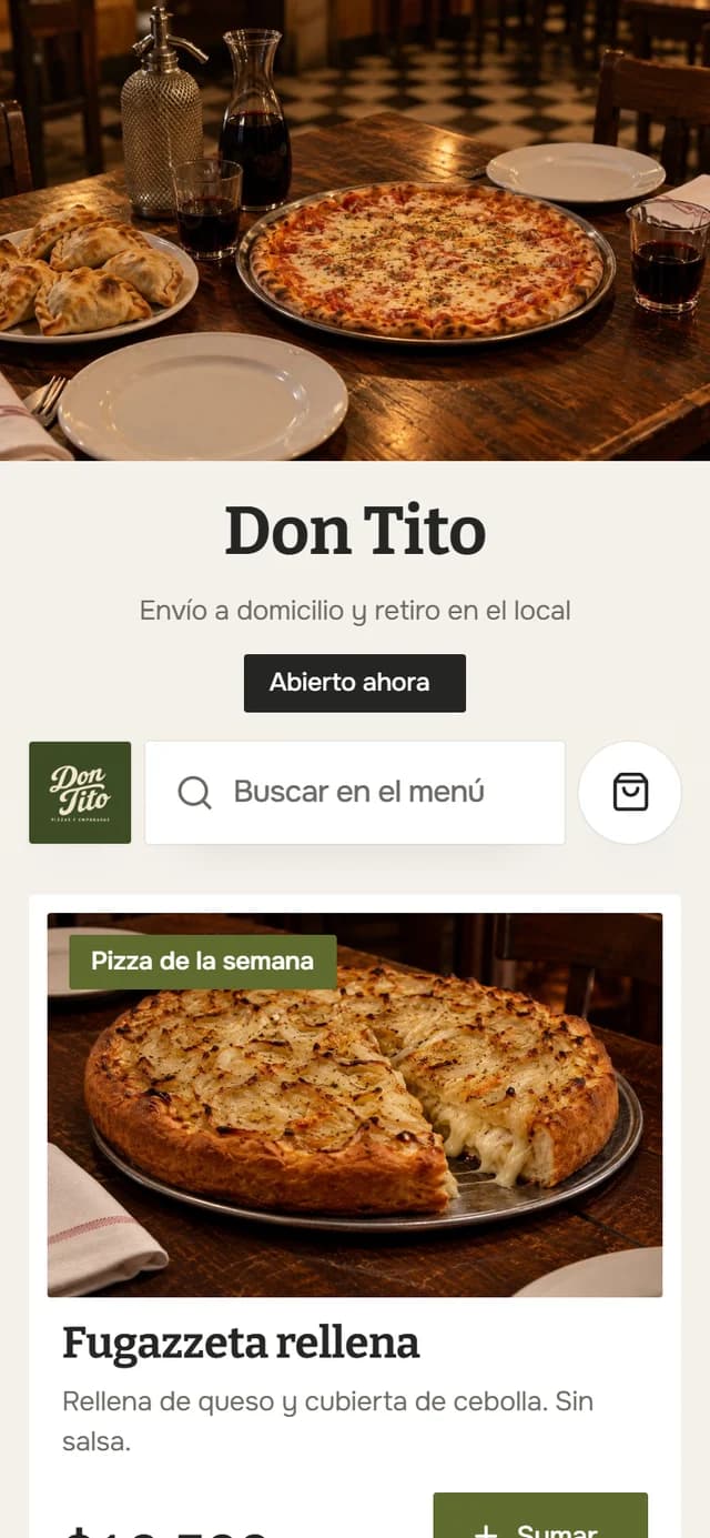 La tienda de muestra de una pizzería, con el menú armado como una carta impresa