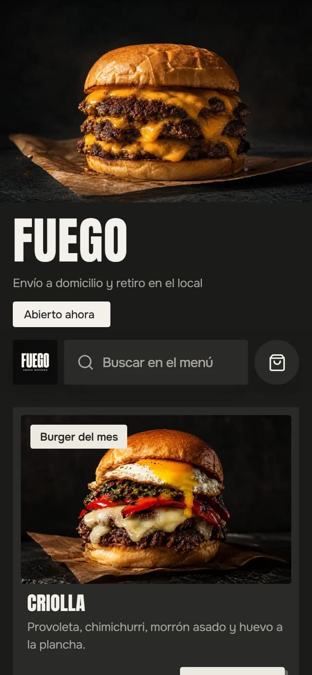 La tienda de muestra de una hamburguesería, con fondo oscuro y títulos de cartel