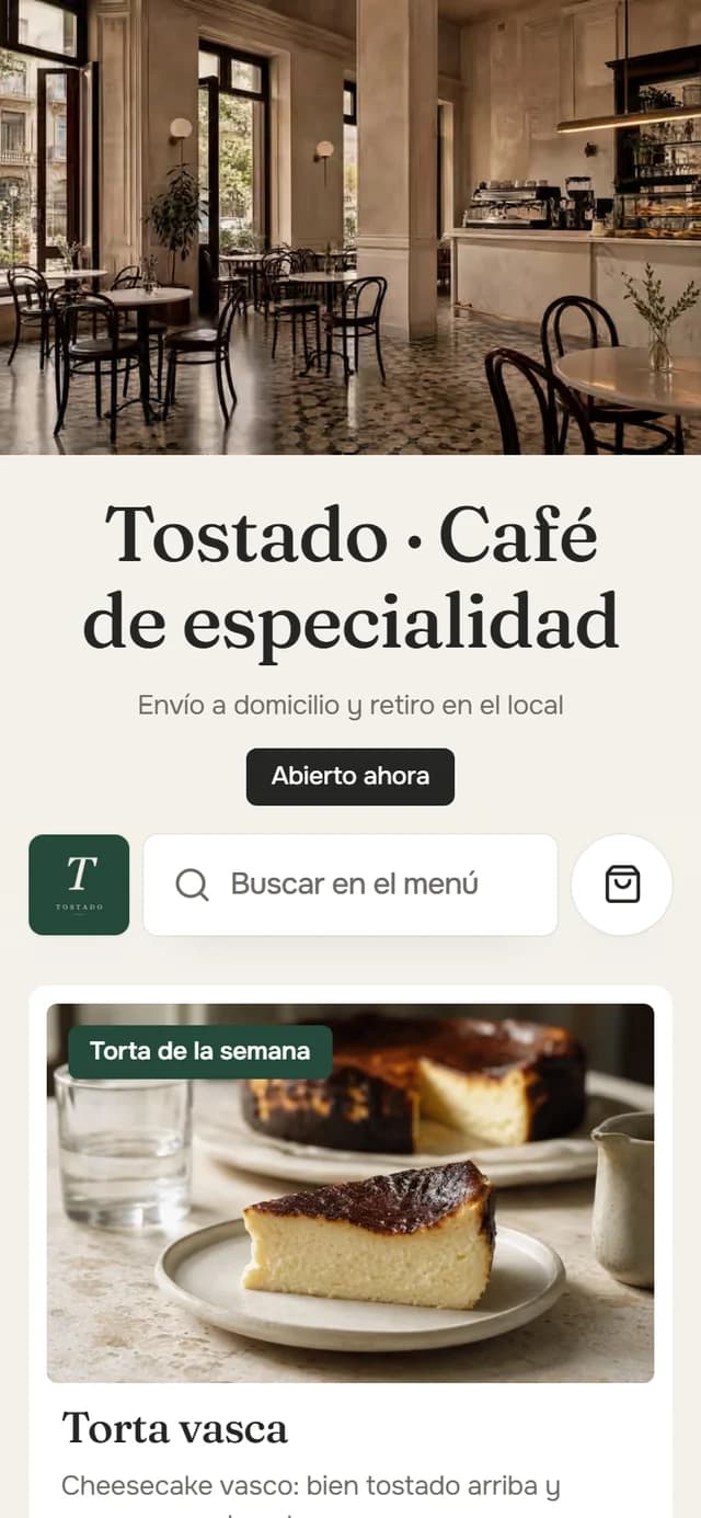 La tienda de muestra de un café, clara, con letra de imprenta y una foto grande por producto